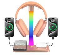 Supporto Per Cuffie con Caricabatterie Wireless,Supporto Per Cuffie Da Gioco con Luce RGB,Supporto Per Airpod Max Compatibile con Airpod Pro/3/2,iPhone 16/15/14/13/12/11,Regali per Giocatori (Oro)