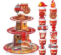 Supporto per cupcake con decorazione per feste dei pompieri + topper per torta a 3 livelli, torre per cupcake a tema pompiere, supporto per dessert per camion dei pompieri, decorazioni di compleanno
