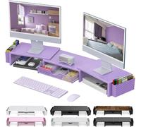 Supporto per doppio monitor, organizer da scrivania con cassetto e 2 portapenne, supporto per monitor del computer, mensola da scrivania per la parte superiore della scrivania (viola)