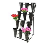 Supporto per fiori arrotolabile, design a secchiello nero, con 4 ripiani e ruote, ideale per interni ed esterni, giardini, terrazze, fioristi e composizioni floreali