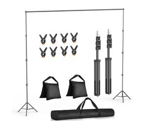 SUPPORTO PER FONDALE FOTOGRAFICO REGOLABILE 2.6x3m, KIT COMPLETO DI MORSETTI,...