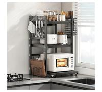 Supporto per forno a microonde da cucina con ruote - Supporto di stoccaggio regolabile con ganci e rulli per spezie, pane, tostapane, macchina per il caffè, organizer da banco(Black,3-Tier)