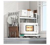 Supporto per forno a microonde da cucina con ruote - Supporto di stoccaggio regolabile con ganci e rulli per spezie, pane, tostapane, macchina per il caffè, organizer da banco(Silver,2-Tier)