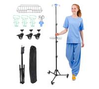 Supporto per infusione con ruote e cestello, pieghevole, regolabile in altezza, con 4 ganci e 3 ruote, supporto portatile per infusione per ospedale, cura della casa e in viaggio (con cestino)