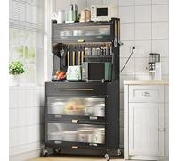 Supporto per microonde a 5 ripiani e mensola da cucina con cassetti, mobiletto versatile per dispensa di casa e ufficio, design elegante nero per spazi moderni