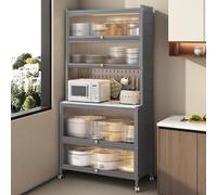 Supporto per microonde a 6 livelli, scaffale da cucina con porta a ribalta, nero, 120 cm, multifunzionale, con 4 ganci, per casa, ufficio e dispensa