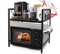 Supporto per Microonde Allungabile 2 Livelli, Cucina Counter Ripiano Microonde con 6 Ganci, Mensola Cucina per Mettere Piatti e Ciotole, 40-64cm, Nero