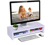Supporto per monitor da tavolo in legno con spazio di archiviazione a 2 livelli per schermo del computer, protezione per il collo, supporto per TV LCD, supporto per laptop, viola bianco