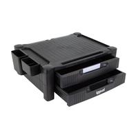 iggual Sollevatore monitor EM2 con 2 cassetti anteriori, slot per tablet e 2 cassetti laterali. Due altezze, 19 cm max. 13 cm min. Superficie di appoggio 45,7 x 33 cm (peso max. 30 kg.