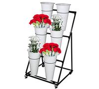 Supporto per piante a 3 ripiani con ruote e secchielli - Carrello portafiori bianco per esposizione di fiori da giardino e patio, interno ed esterno, con ruote, perfetto per l'arredamento de