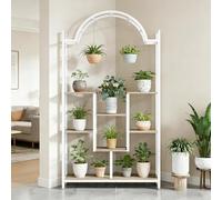 Supporto per piante con design ad arco, a 5 ripiani, in legno e metallo, con gancio per piante per catene luminose, scaffale come divisorio e vetrina per soggiorno, balcone, giardino, 100 x 30 x 190