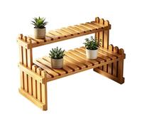 Supporto per piante da portico a 2 livelli in legno, espositore per vasi di | Questo supporto in legno a 2 livelli espone vasi di fiori sul tuo portico con una finitura in legno naturale, offrendo due