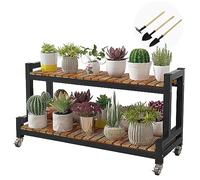 Supporto per piante in metallo con ruote per interni ed esterni, mensola in legno per un facile spostamento, versatile scarpiera perfetta per giardino e decorazione della casa