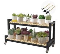 Supporto per piante in metallo con ruote, per interni ed esterni, versatile scaffale in legno per un facile trasporto, ideale per riporre scarpe e esporre piante.