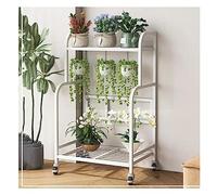 Supporto per piante in metallo resistente, con ruote, a 2 ripiani, per interni ed esterni, perfetto per soggiorno, balcone e giardino, finitura bianca