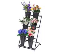 Supporto per piante in metallo resistente con secchi, carrello di esposizione del fiore mobile per patio Garden Living Room, 3 livelli Freestanding Floral Rack con freni per fiorini Home Decor Enthusi