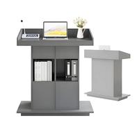 Supporto per podio in legno grigio con ripiani e cassetto, facile da pulire, per chiese, aule e conferenze, altezza 100 cm, design elegante