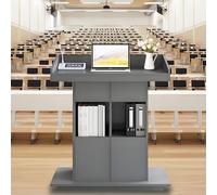Supporto per podio in legno massiccio grigio per aule e chiesa, altezza regolabile con 3 livelli di stoccaggio e deflettori di sicurezza, altezza 100 cm, ideale per presentazioni ed eventi