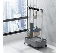 Supporto per scopa e mocio con ruote, carrello portautensili per la pulizia da pavimento, scolapiatti, carrello per pulizie domestiche per pala scopa e mocio, drenaggio con un clic(5 slots)