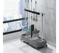 Supporto per scopa e mocio con ruote, carrello portautensili per la pulizia da pavimento, scolapiatti, carrello per pulizie domestiche per pala scopa e mocio, drenaggio con un clic(10 slots)