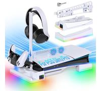 Supporto per stazione di raffreddamento orizzontale RGB per console PS5 Slim con 2 caricabatterie per controller, ventola di raffreddamento automatica silenziosa per Playstation 5 Slim Disc/Digital
