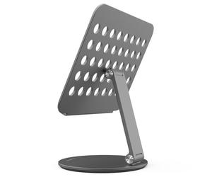 Supporto per tablet in alluminio versatile, dotato di base di rotazione invisibile a 360 e voce meccanica, offre flessibilità ineguagliabile e