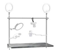 Supporto per telecamera sopraelevata, piattaforma da tavolo regolabile in alluminio per riprese multi-dispositivo, include doppie teste a sfera e morsetto, supporta un carico massimo di 11 kg per la