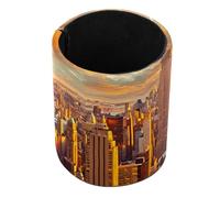 Supporto per telecomando, porta spazzole, portaoggetti in pelle vegana, con paesaggio tramonto di New York, organizer da scrivania