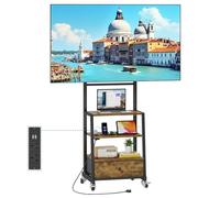Supporto per TV arrotolabile con supporto e spazio di archiviazione, cassetto in tessuto per TV da 32 a 75 pollici, supporto per TV ad angolo regolabile su ruote con presa per soggiorno, camera da
