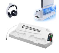 Supporto PS5/PS5 Slim/PS5 Pro con ventola a 3 livelli e 3 porte USB, supporto PS5, stazione di ricarica integrata per controller PS5 con indicatore LED e supporto per cuffie per PS5/PS5 Slim accessori