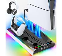 Supporto PS5/Slim/Pro per Console Disco & Digitale, Base Raffreddamento PS5 & Ricarica PS5 con Illuminazione RGB, Caricatore per Controller PS5 con Auto Ventola a 3 Livelli, Accessori PS5/Slim/Pro