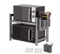 Supporto regolabile per microonde a 2 livelli con 6 ganci e porta utensili, ripiano in acciaio pesante per bancone della cucina, design a forma di M a doppio palo per stoviglie e spezie, antiruggine
