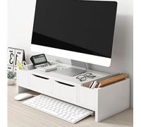 Supporto salvaspazio in legno per monitor con cassetto, organizer da scrivania a 2 ripiani per computer e TV a schermo piatto, elegante alzata da scrivania per una maggiore efficienza dello spazio di