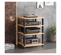 Supporto stereo in legno e metallo per piccoli spazi, mobiletto multimediale multilivello con componenti audio perfetto per abbellire il tuo sistema audio.