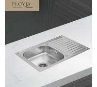 Supporto superiore per lavello da cucina in acciaio inossidabile 80x50 cm, vasca singola con foro per rubinetto e scolapiatti, argento inox, reversibile