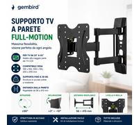 Supporto TV da Parete Full Motion Gembird 23”-42” - Staffa TV Orientabile e Inclinabile con Braccio Estensibile, Supporto VESA 200x200, Rotazione 180°, Inclinazione Regolabile, Porta TV LED LCD