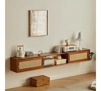 Supporto TV da parete in rattan con porta mensole galleggianti, console multimediale per centro di intrattenimento, grande spazio di archiviazione e sotto la TV, soluzione elegante per l'arredamento