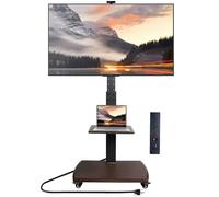 Supporto TV mobile su ruote con presa di corrente per TV a schermo piatto/curvo da 32 a 80 pollici, carrello TV regolabile in altezza con ruote, fino a 59 kg, supporto TV da pavimento, VESA max 650 x