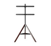 Supporto TV per schermi da 32 a 75 pollici, regolabile in altezza, girevole, supporto angolare da pavimento con vassoio in legno, design a treppiede, resistente supporto TV per casa e ufficio
