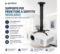 Supporto Universale per Proiettore da Soffitto Regolabile Gembird - Staffa Ceiling Mount Full Motion 360° per Videoproiettore, Altezza Regolabile 380-580 mm, Inclinazione e Rotazione ±15°, Portata 13