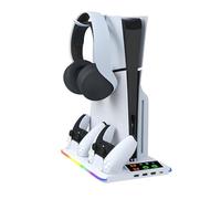 Supporto Verticale per PS5/PS5 Slim, Supporto Raffreddamento per PlayStation 5 con 3 Livelli di Ventola, Stazione Ricarica per Controller Doppi/Supporto per Cuffie/Luce RGB per PS5/Digital Edition