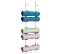 Supporto verticale per tappetino da yoga, 9 ripiani, supporto da parete in metallo per asciugamani e rullo in schiuma, multiuso, perfetto per studi di yoga e allenamenti a casa (bianco)