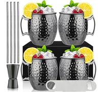SuproBarware Moscow Mule Tazze Set di 4 Tazze Moscow Mule Black Moscow Mule Mug 510 oz Gunmetal Placcato Nero Tazza in Acciaio Inox Doppia Jigger refrigerata Bevanda Fredda Cocktail