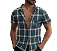 SUPTTING Camicia da uomo a quadretti, a maniche corte, con colletto rovesciato, con bottoni, per il tempo libero, per le vacanze, per il lavoro, per le vacanze, la spiaggia, l'estate, Stil-f01 Verde