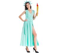SUPTTING Costume da donna con statua della libertà, iconico, elegante, a forma di fiaccola, a forma di corona, patriottico, classico, drappeggiato, vestito a tema, per feste di indipendenza