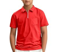 SUPTTING Polo da ragazzo con cerniera, a maniche corte, con colletto, per il tempo libero, per l'estate, in cotone, tasca sul petto, abbigliamento per la scuola, abbigliamento quotidiano