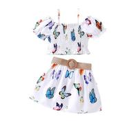 SUPTTING Ragazze Stampa Farfalla Due Pezzi Top Bianchi Con Spalline Elastiche, Carino Vestiti Estati, Volant Spiaggia Set Festivo Tempo Libero, Stile-c01 Bianco, 4-5 Anni
