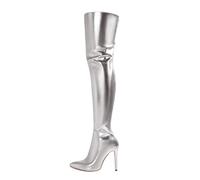 SUPTTING Stivali da donna stravaganti e accattivanti con tacco alto, chiusura lampo sopra il ginocchio, look da discoteca metallizzato, plateau go-go barca invernale per feste di Capodanno, Stile E05