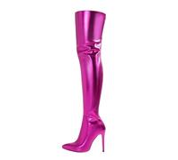 SUPTTING Stivali da donna stravaganti e accattivanti con tacco alto, chiusura lampo sopra il ginocchio, look da discoteca metallizzato, plateau go-go barca invernale per feste di Capodanno, Stile E03