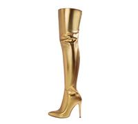 SUPTTING Stivali da donna stravaganti e accattivanti con tacco alto, chiusura lampo sopra il ginocchio, look da discoteca metallizzato, plateau go-go barca invernale per feste di Capodanno, Stile E01